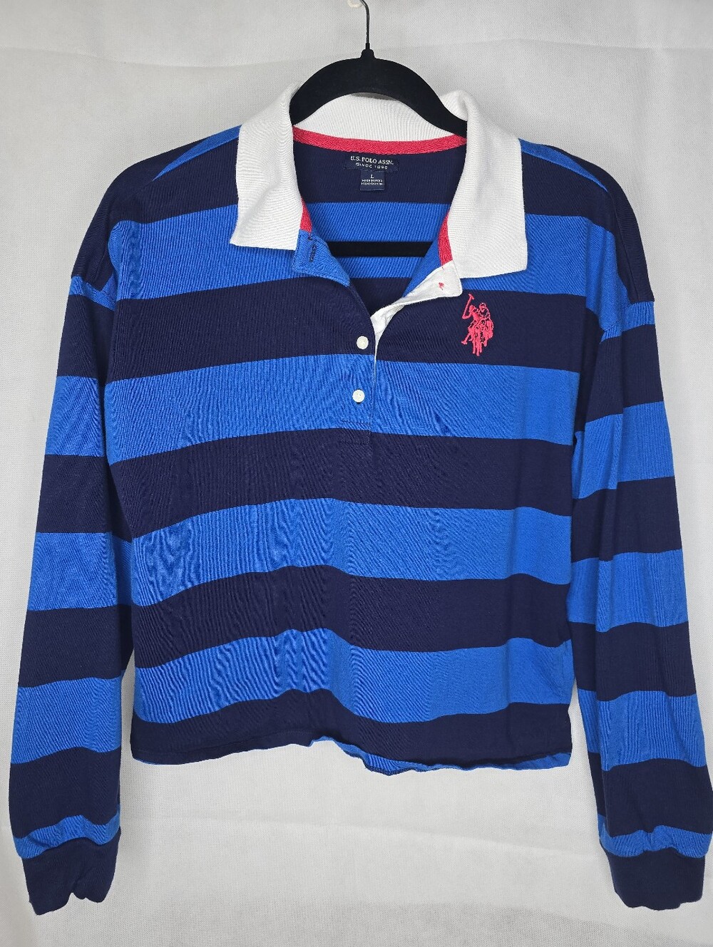 US Polo Assn Rugby Shirt Cropped Blue Stripe Big Pony Logo Preppy Varsity L